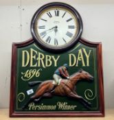 A large painted wooden retro Derby day persimmon winner horse racing quartz wall clock. 60 x 78cm