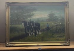 A large gilt framed oil on canvas of working heavy horses signed SAH 1995