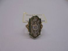 A vintage style art deco engagement ring, 14k gold on 925 silver, 2ct moissanite, 7.8 grams, size Q.
