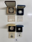 4 boxed silver proof coins including £1 coin, 80th birthday Crown & Bahamas Charles $10