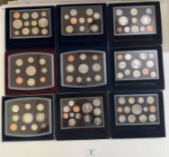 9 boxed UK proof coin collection sets, 2000 - 2002 & 2004 - 2009 including 2009 Kew Gardens set
