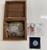An 1879 silver Dollar, a Royal mint 90th birthday silver Â£20 coin & other Crowns etc.
