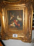 A gilt framed barn study with domestic fowl and doves.
