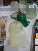 Four old glass lamp shades (one a/f).