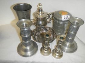 A mixed lot of silver plate including candlesticks.