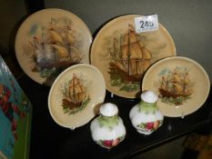Four Nautical themed plates and Royal Albert salt and pepper pots.