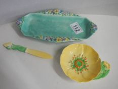 A carlton ware butter dish with knife and one other dish.