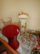 A mixed lot of glass vases and a decanter. COLLECT ONLY.