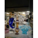 A mixed lot of coloured glass including scent bottles.