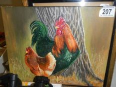 An oil on board painting of a cockerel and a hen, COLLECT ONLY.