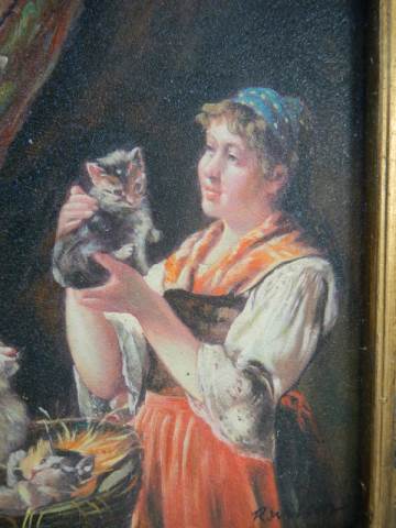 A gilt framed study of a lady with cat and kittens. - Image 2 of 2