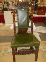 An old carved chair with upholstered seat and back, COLLECT ONLY.