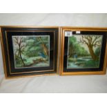 A pair of framed and glazed paintings on silk of hunting scenes. COLLECT ONLY.