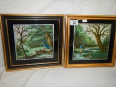 A pair of framed and glazed paintings on silk of hunting scenes. COLLECT ONLY.