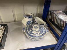 A blue and white Myott lidded tureen, gravy boat and an Alfred Meakin blue and white jug