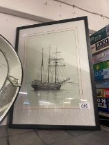 A framed and glazed print of a ship signed Harry Hawkins no 5/99, message on reverse 'thanks and