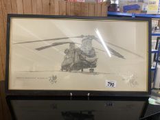 A framed and glazed pencil drawing of 'Chinook 'Bravo November 185 squadron RAF' by M.J.Reeves