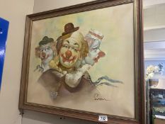 An Oil on Board of Clowns Late 20th Century