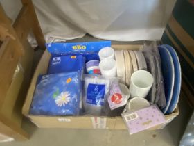 A quantity of new disposable plates, napkins, spoons, cups etc