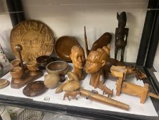 A quantity of wooden items including tribal figure etc