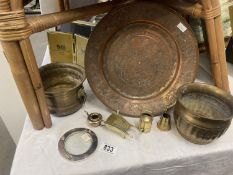 A selection of metalware including brass planters, copper tray etc