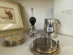 Silver plated coasters, Plymouth tankard, small horn etc