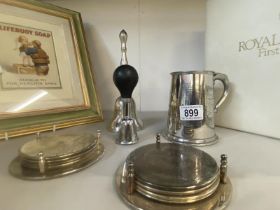 Silver plated coasters, Plymouth tankard, small horn etc