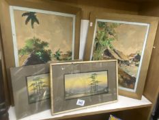 4 vintage oriental paintings 2 on canvas & 2 on board
