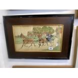 A framed 7 glazed line & colour wash picture of tandem horse trap/carriage, signed Frank