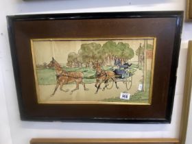 A framed 7 glazed line & colour wash picture of tandem horse trap/carriage, signed Frank