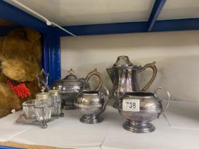 An A1 silver on copper teapot, coffee pot, milk jug and sugar bowl and a condiment set, lids on