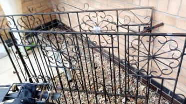 A pair of vintage wrought iron scroll gates 145w x 87H cm