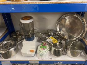 A quantity of kitchenalia including saucepans, jelly mould, Kenwood electric chopper etc COLLECT