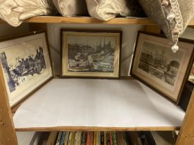 2 framed and glazed black and white prints of Lincoln 1890 and a matchstick man style print of