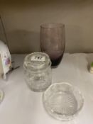 A signed purple etched glass vase with lady with lyre design, A Stuart crystal cookie jar and a