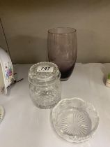 A signed purple etched glass vase with lady with lyre design, A Stuart crystal cookie jar and a