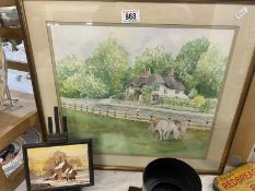 A watercolour of thatched cottage and horses signed Olivia Woodward and a small example