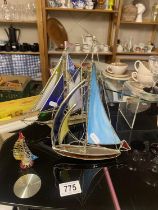 2 stained glass and metal tiffany style yachts and a small blown glass version