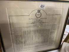 A framed and glazed print of a pavilion dinner table layout for a Windsor race meeting 1851