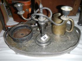 A silver plate tray, candelabra etc.,