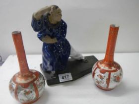 A pair of Chinese vases (one a/f) and a figure.