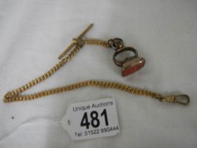 A yellow metal watch chain with fob.