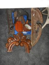 A mixed lot of wooden items including clock parts.