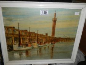 An oil on board Grimsby Harbour, Tower & fishing fleet COLLECT ONLY.