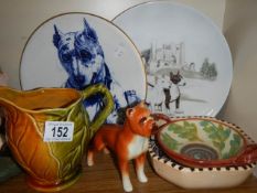 Two dog related plates, a dog figure and other ceramics.