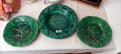 An early green ceramic plate plus 2 others
