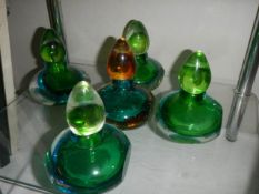 Five studio glass scent bottles,.