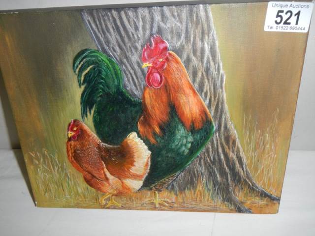 An unframed oil on canvas of a cockerel and a hen. - Image 2 of 2