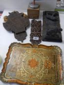 A mixed lot of wooden items including book ends, tray etc.,