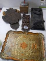 A mixed lot of wooden items including book ends, tray etc.,